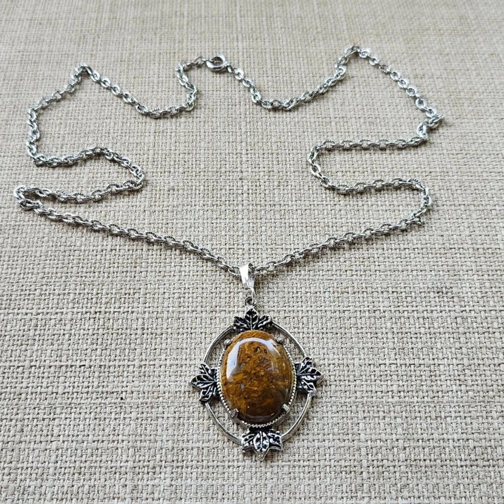 Vintage Pendant Women Necklace Brown Stone Silver Tone Chain Fashion Jewelry - Picture 7 of 12